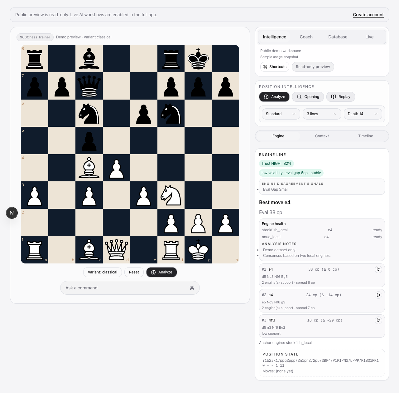 ChessLM workspace showing a chess board, preparation timeline, and analysis evidence panel